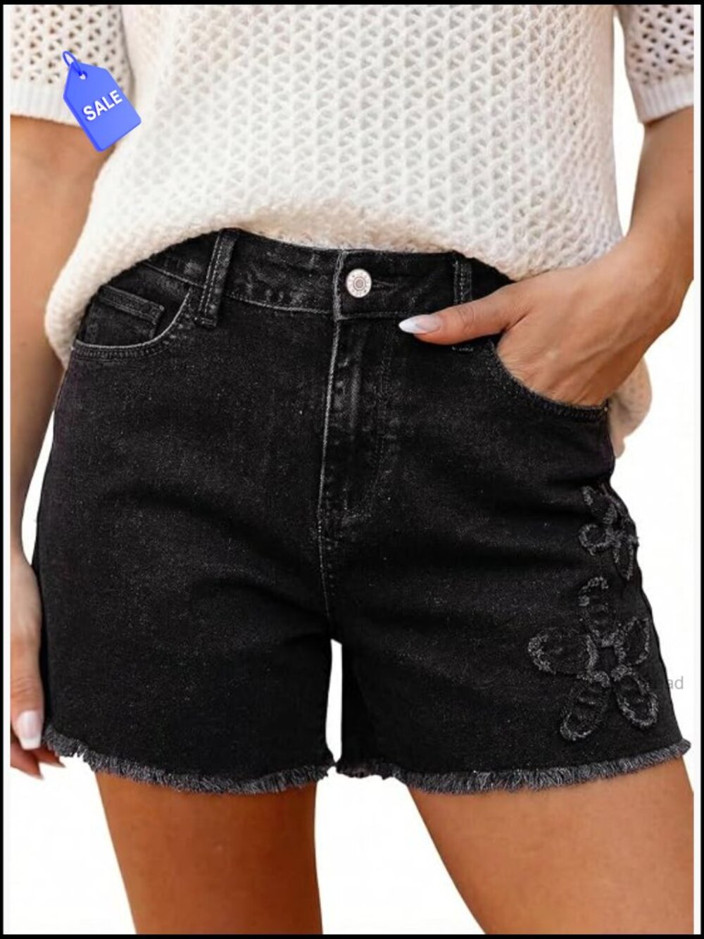 Floral Embroidered High Waisted Stretchy Raw Edge Denim Shorts Women's